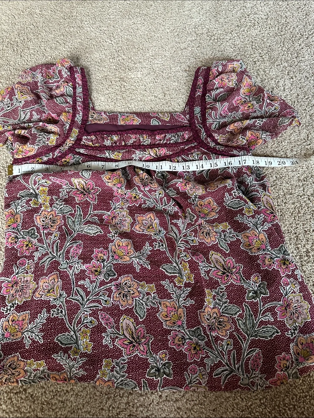 LOFT Burgundy Floral Square-Neck Puff Sleeve Blouse